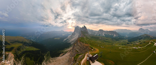 Obraz na płótnie Stunning panoramic view of the Seceda ridge during a cloudy day. The Seceda with its 2.500 meters is the highest vantage point in Val Gardena, Dolomites, Italy.. w salonie