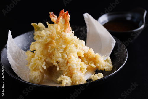 Shrimp tempura Japanese food isolated on a black background