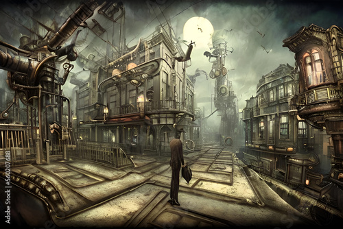 view of the old steampunk town, with a man in the middle holding an umbrella