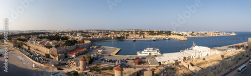Historic Old Town in Rhodes, Greece. View from the Port, on the Mediterranean Sea. Sunny Morning. Panorama
