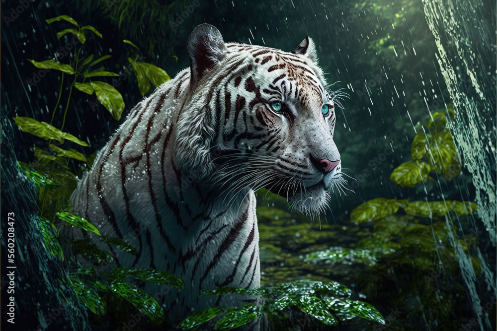 White tiger in the rain