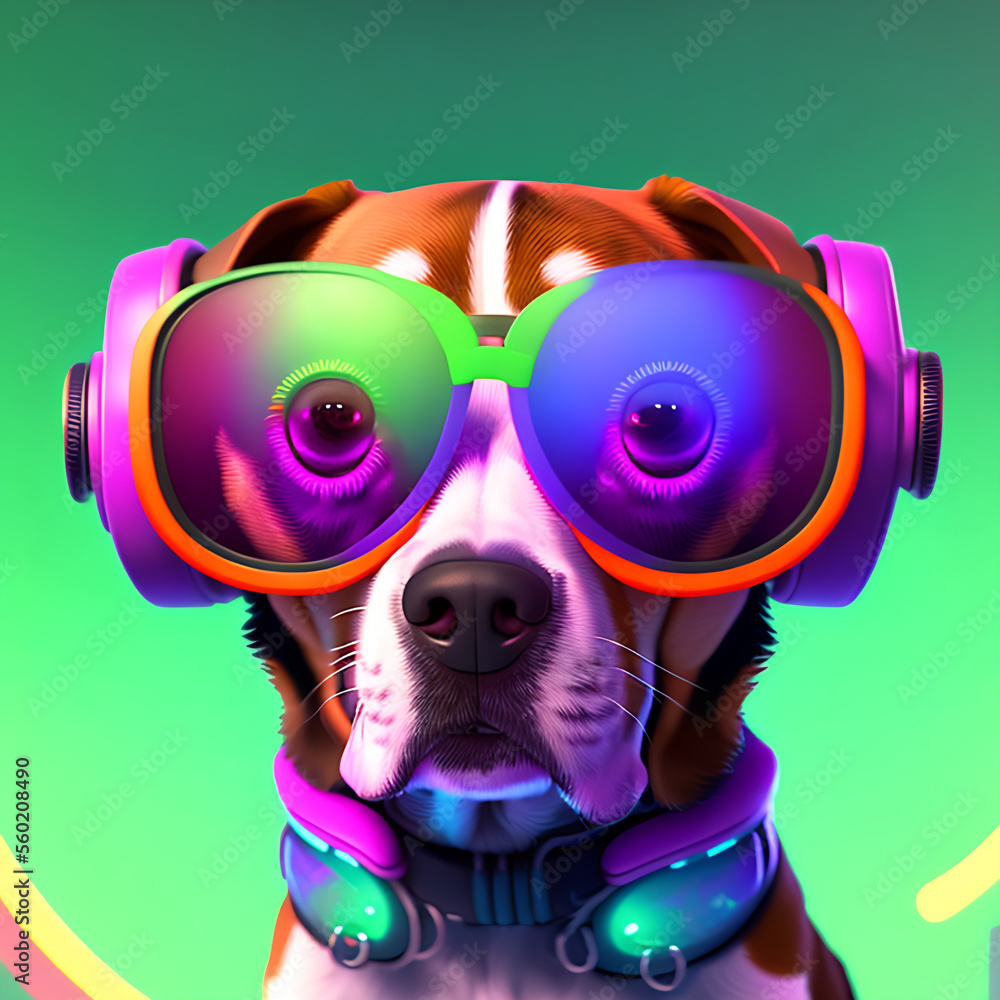 portrait of cute beagle wearing sunglasses and listening to music on headphone Generative AI
