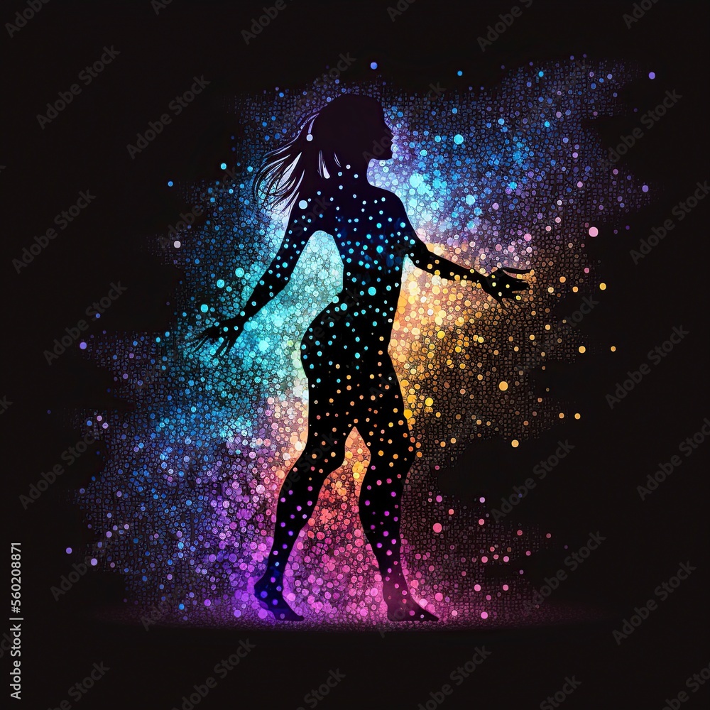 illustration of colored transparent lines forming the figure of a dancing woman,image generated by AI