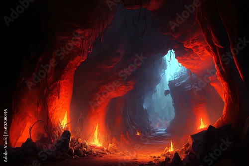 A Gem Underground Mine Cavern. Cave of Molten Lava. a deep cave. massive stalactite Scenery in concept art. Book . Scene of video games. Dedicated digital painting. Background of CG art. Generative AI