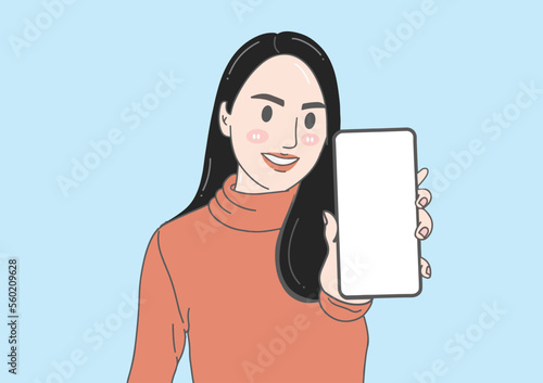 Illustration Cartoon of Woman Show Mobile Phone Screen with Blank Copy Space