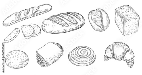 Set of bakery products hand drawn style vector illustration isolated on white background