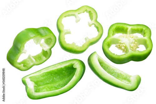 Murais de parede Green bell pepper slices, top and angle views isolated png
