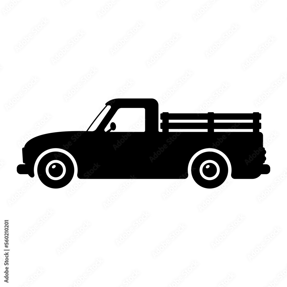 Pickup truck icon. Black silhouette. Side view. Vector simple flat graphic illustration. Isolated object on a white background. Isolate.