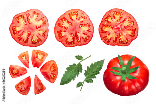 Pantano tomatoes (Solanum lycopersicum), whole, sliced, halved, chopped. Top view isolated png