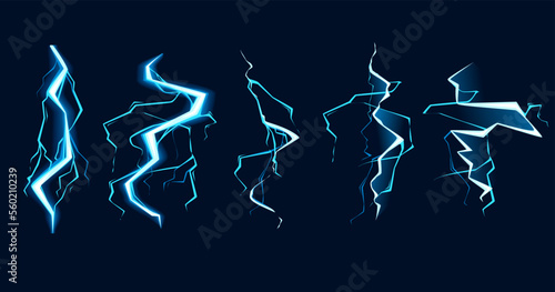 Fotografia Set of Blue lightning hit effect cartoon style design vector illustration on dar