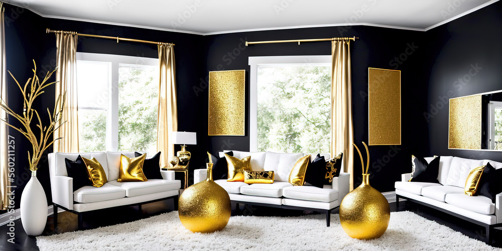 Generative AI of gold and black interior design of living room with ...
