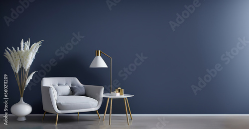 Generative AI of modern armchair and lamp against blue wall