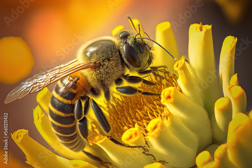 Detailed image of a bee gathering pollen and nectar from a yellow bloom with a full pollen basket. Generative AI