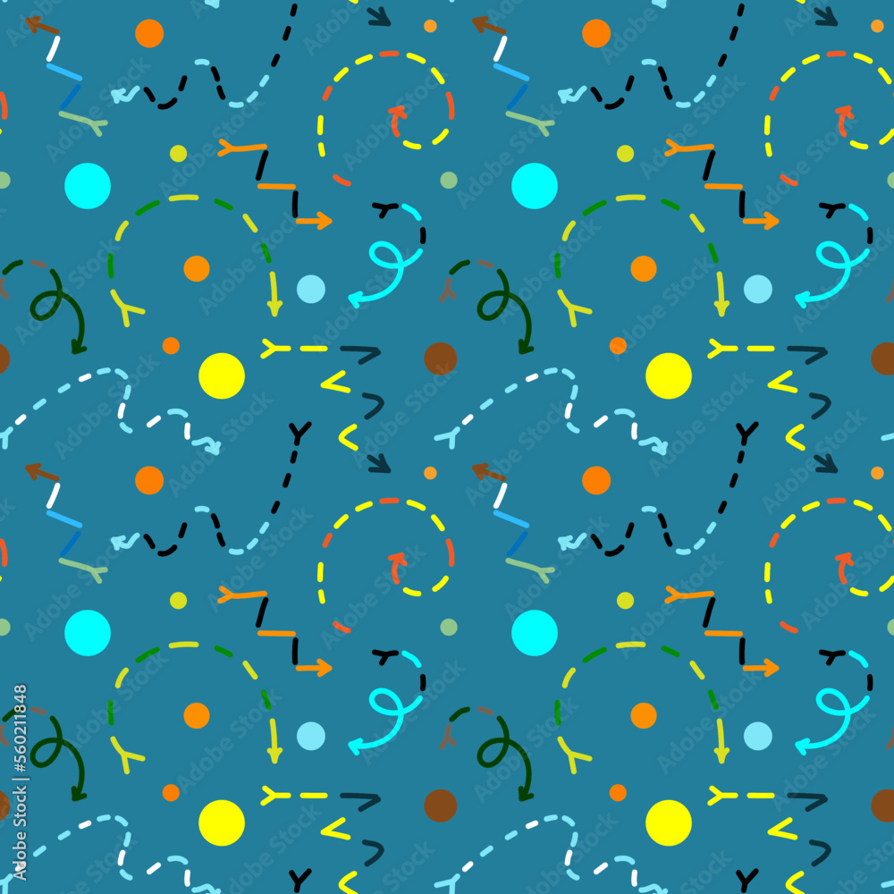 Festive pattern of arrows, lines, dots, spirals of different colors. Seamless vector image on a blue background. Suitable for wrappers, covers. Festive pattern of arrows, lines, dots, spirals of different colors. Seamless vector image on a blue background. Suitable for wrappers, covers.