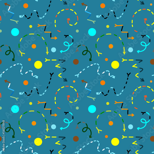 Fototapeta Naklejka Na Ścianę i Meble -  Festive pattern of arrows, lines, dots, spirals of different colors. Seamless vector image on a blue background. Suitable for wrappers, covers.