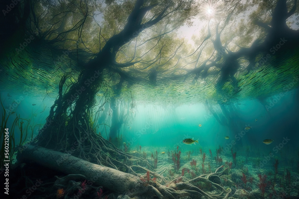 translucent lake or freshwater ecosystem, an uncommon underwater landscape. Generative AI