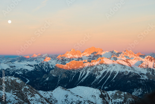 sunrise in the snow dolomites