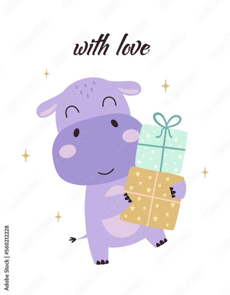 greeting card of cute hippopotamus with gifts greeting card of cute hippopotamus with gifts