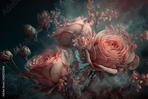 Vintage fantasy classic valentine s day pale red Rose flower on background blurry pink roses flower in the garden of roses. Nature snow.generative ai.