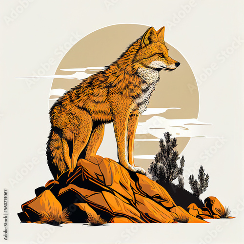 Billede på lærred digital line art illustration of a coyote on a rock, created with Generative AI