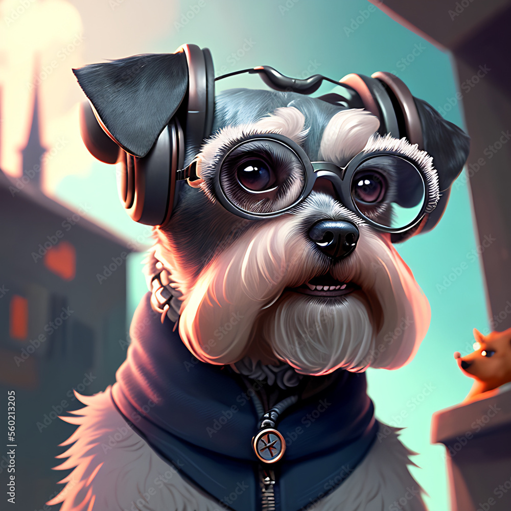 portrait of Schnauzer wearing glasses and headphones! Generative AI