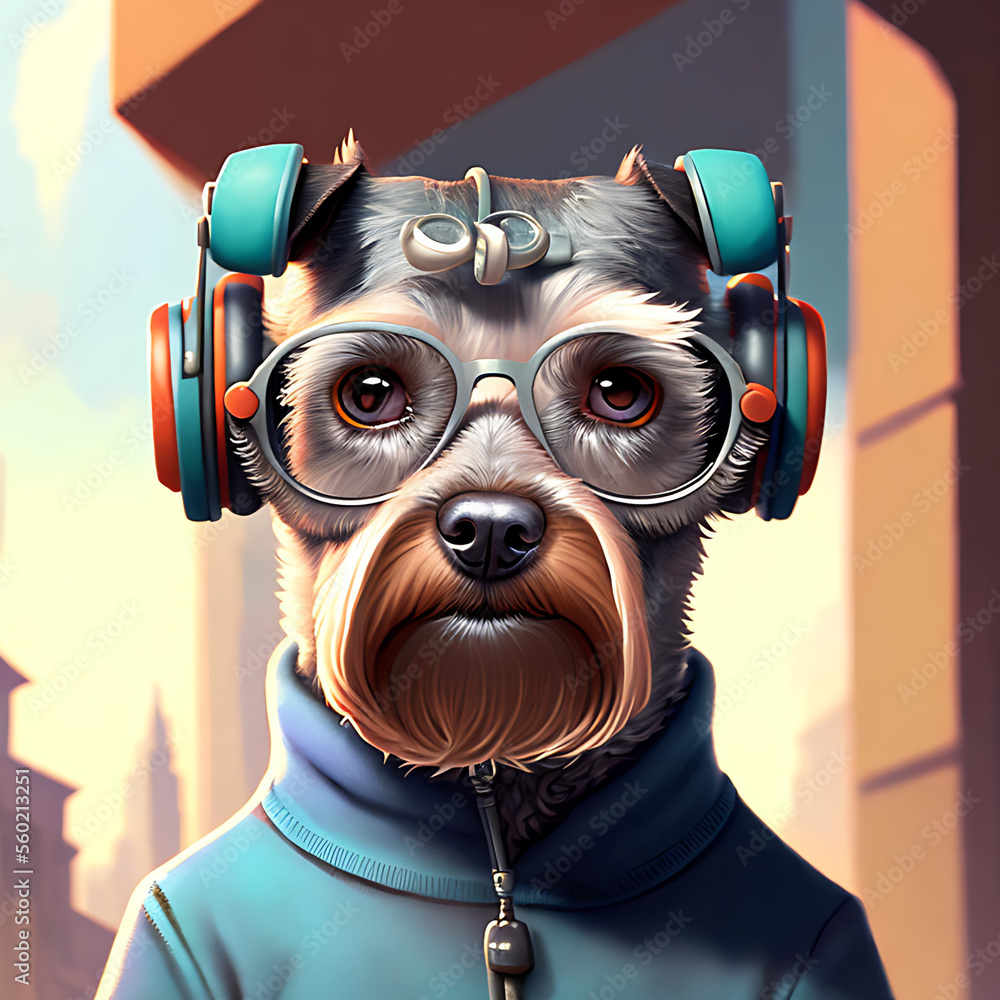 anthropomorphic portrait of Schnauzer wearing glasses and headphones! Generative AI