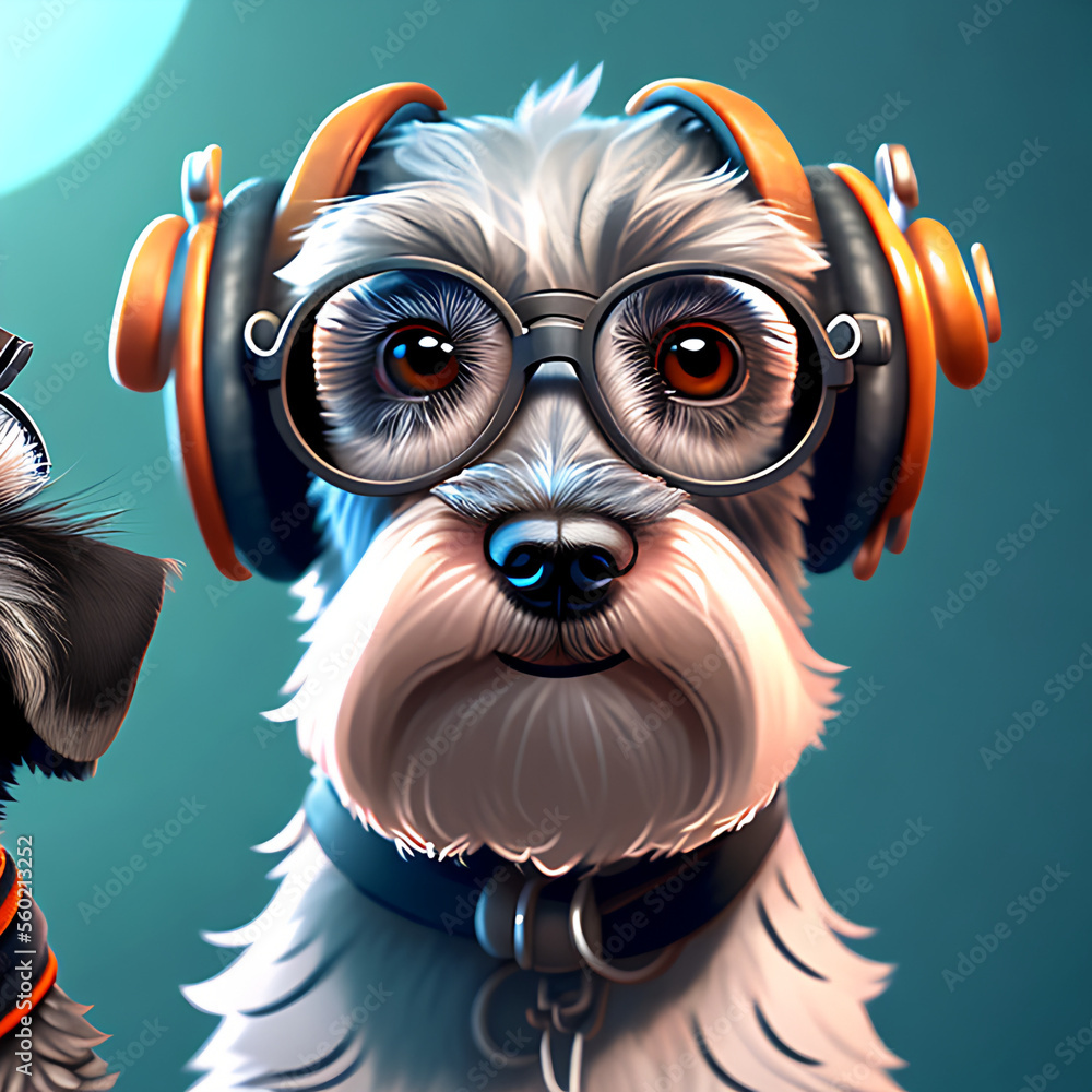 anthropomorphic portrait of Schnauzer wearing glasses and headphones! Generative AI