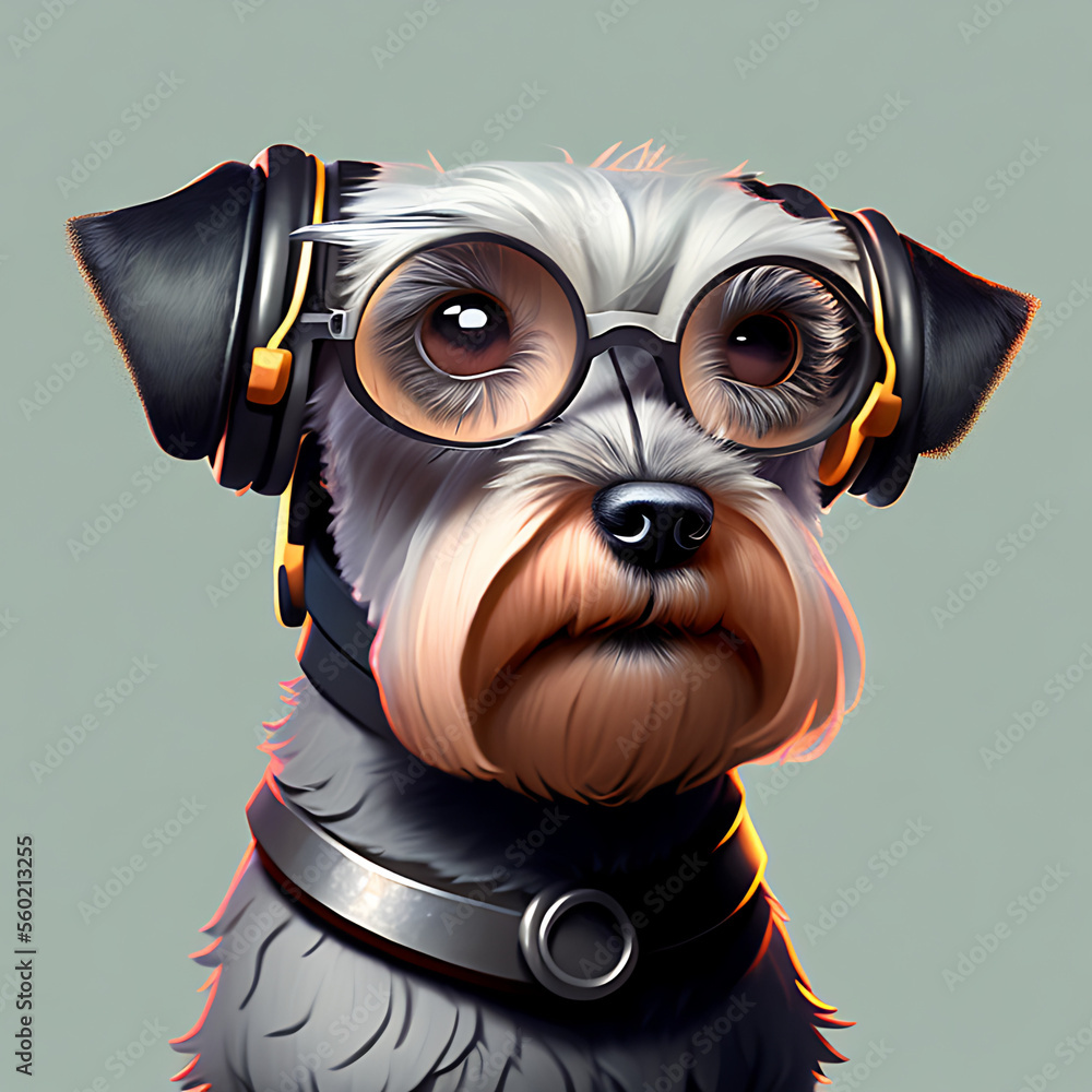 anthropomorphic portrait of Schnauzer wearing glasses and headphones! Generative AI