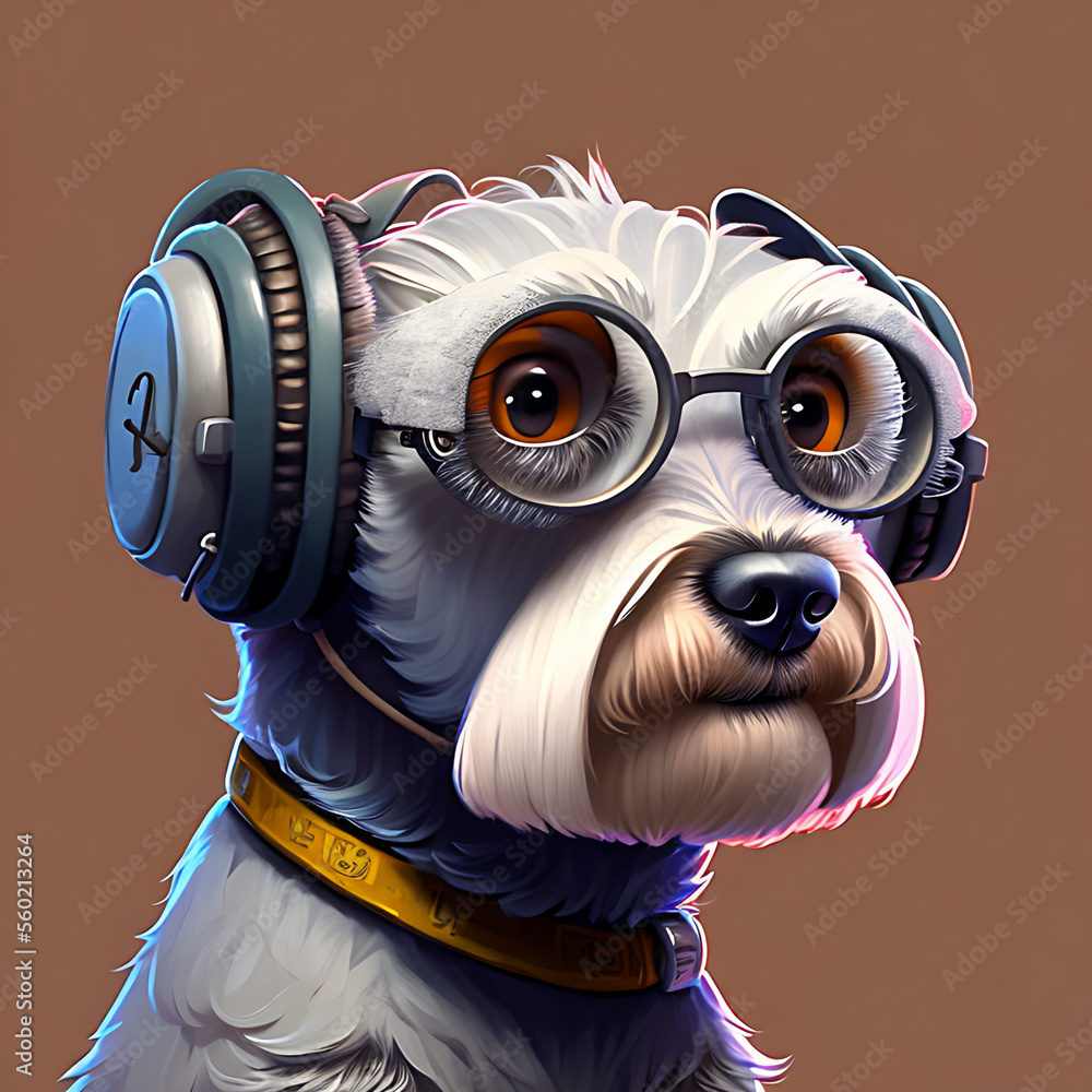 anthropomorphic portrait of Schnauzer wearing glasses and headphones! Generative AI