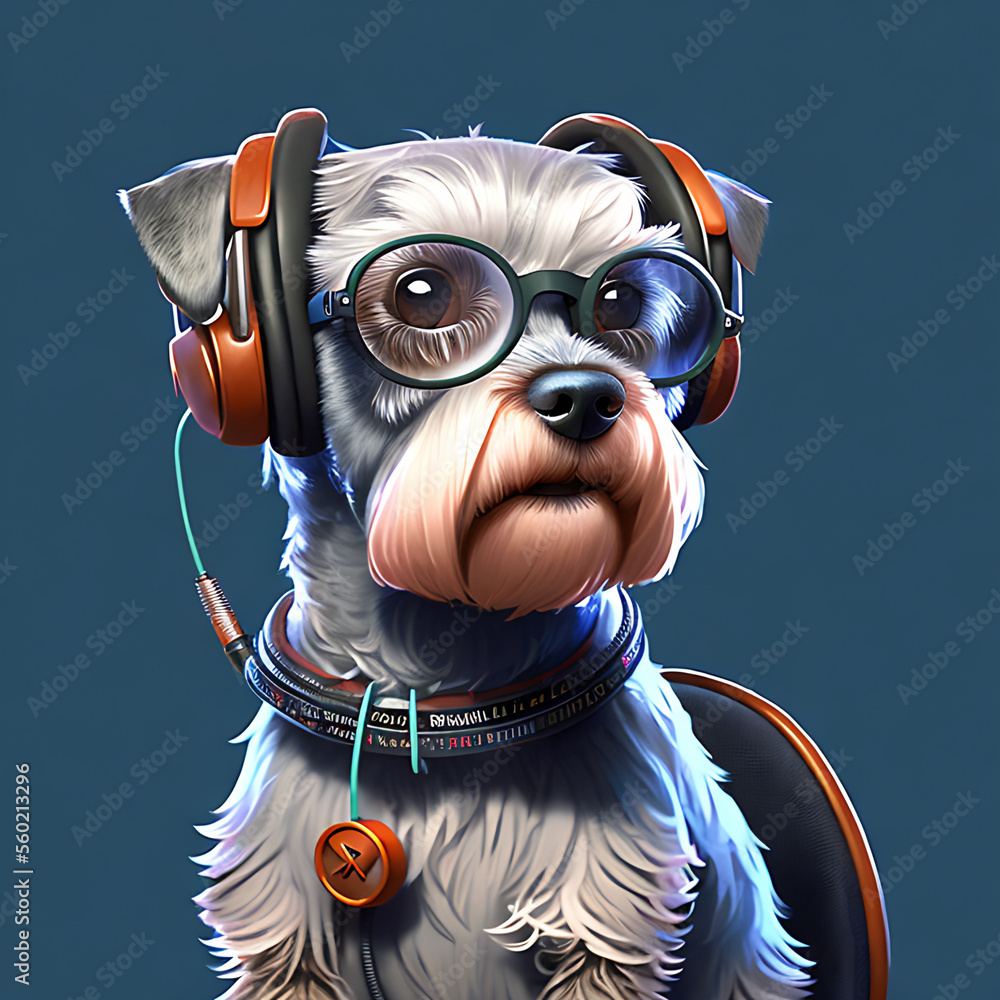 anthropomorphic portrait of Schnauzer wearing glasses and headphones! Generative AI