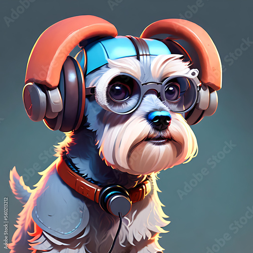 Obraz na płótnie anthropomorphic portrait of Schnauzer wearing glasses and headphones! Generative AI w salonie