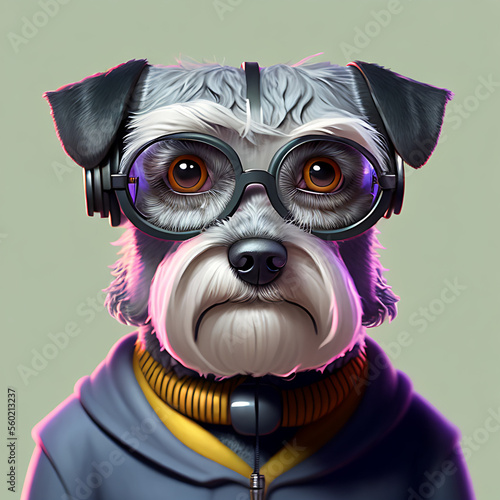 Obraz na płótnie anthropomorphic portrait of Schnauzer wearing glasses and headphones! Generative AI w salonie