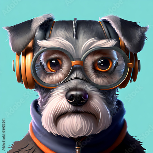 anthropomorphic portrait of  Schnauzer wearing glasses and headphones! Generative AI