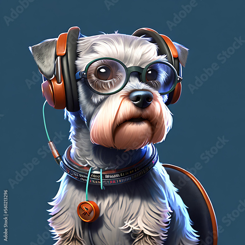 Obraz na płótnie anthropomorphic portrait of Schnauzer wearing glasses and headphones! Generative AI w salonie
