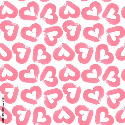 Seamless watercolor pattern of pink hearts with white hearts inside isolated on a white background. Texture of brush strokes with pink paint