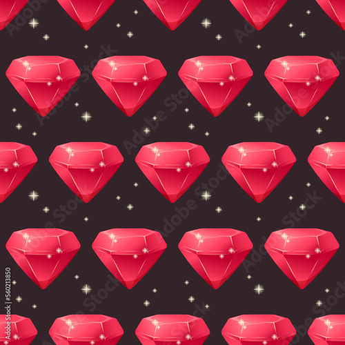 Pattern with cartoon rubies, precious stones on dark black background