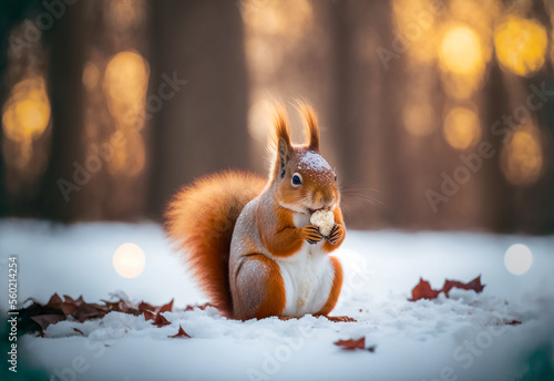 Cute squirrel eating a nut in the snow, winter scene © nastazia