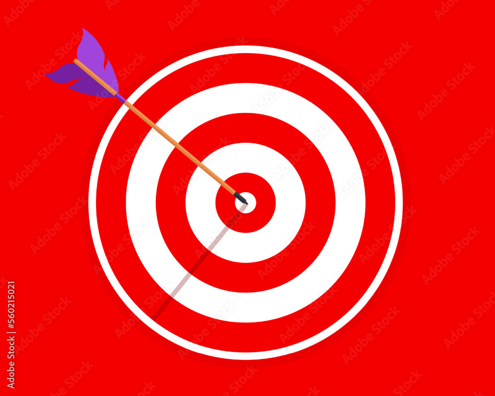 Target with an arrow, precisely on target or miss, goal achievement, archery sport competition. Vector illustration.