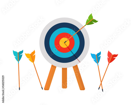 Target with an arrow, precisely on target or miss, goal achievement, archery sport competition. Vector illustration.