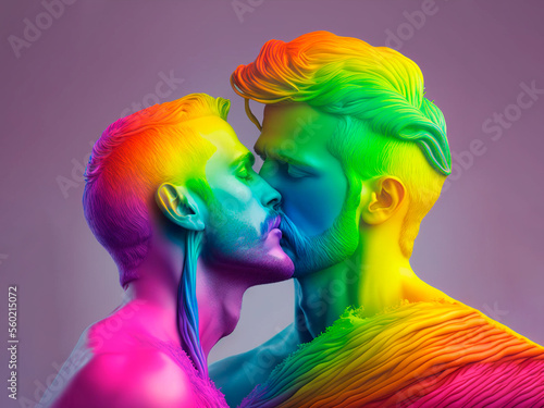 Obraz na płótnie generated AI, illustration of couple of men kissing with love, colorful w salonie