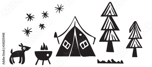 Block print vector campsite scene. Scandi folkart camping travel illustration. 