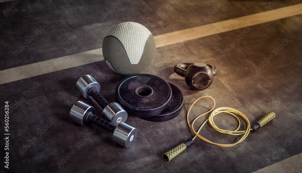 Metal dumbbells, barbell discs, kettlebell, skipping rope and medicine ball on the gym floor. Fitness, bodybuilding and functional training equipment