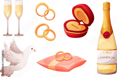 Wedding cartoon set, wedding items, attributes, champagne, glasses, rings, pigeon