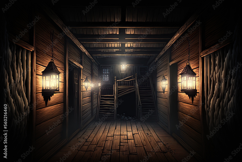 a dark, dingy area with wooden walls and lighting. Generative AI