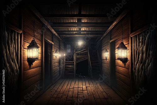 a dark, dingy area with wooden walls and lighting. Generative AI