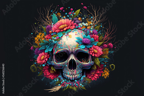 Fantasy skull with flowers. Mexican sugar skull. Scary human head on dark background. Generative AI