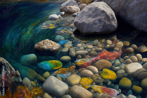 Clear water, a stream with a multicolored texture, and colourful stones at the river's bottom. Generative AI