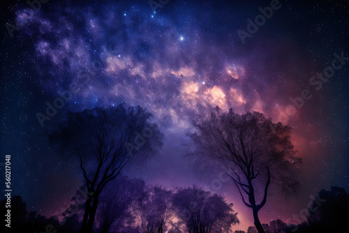 Milky way backdrop trees in a nighttime scene. Generative AI