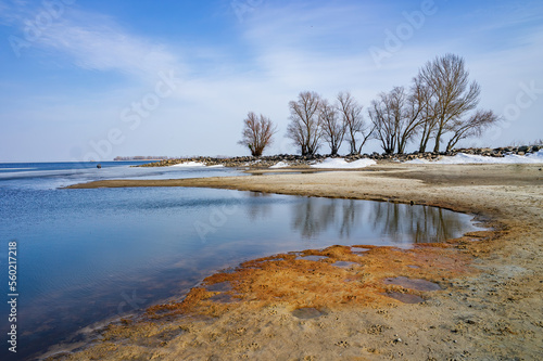 Scenic view of winding shoreline of Dnieper river  Cherkasy  Ukraine at early spring day. Bare trees are reflecting in the water