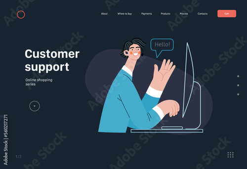 Customer support - Online shopping and electronic commerce series - modern flat vector concept illustration of a male operator greeting a client. Promotion, discounts, sale and online orders concept